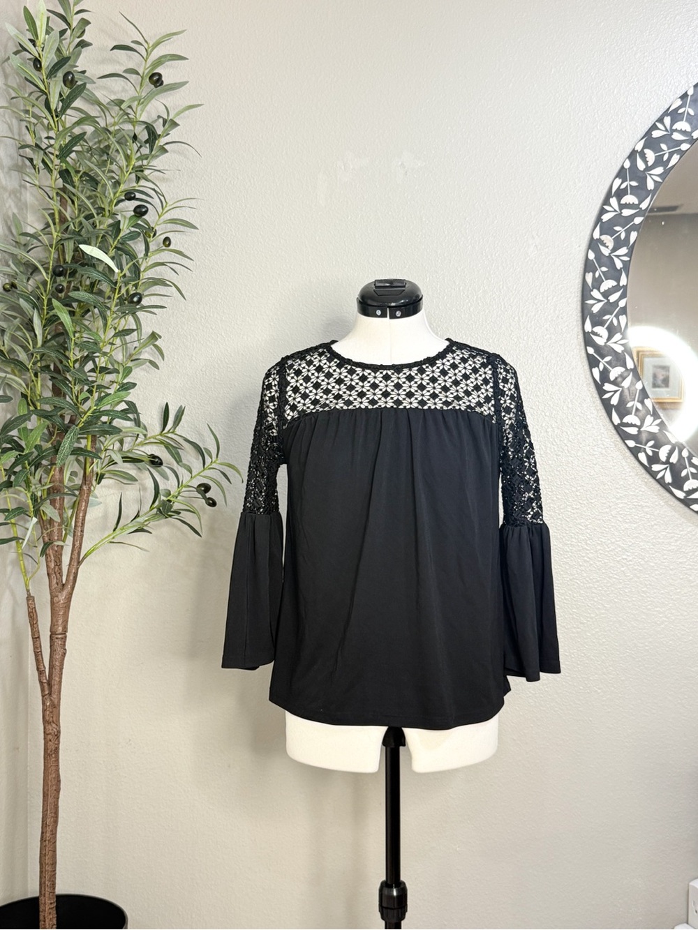 WHBM Black Lace Yoke Bell Sleeve Women's Top